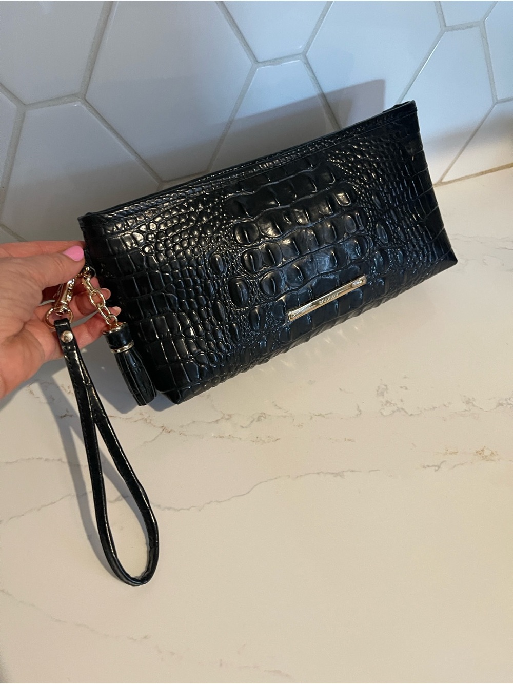 Brahmin Black Croc-Embossed Wristlet Clutch with Tassel
